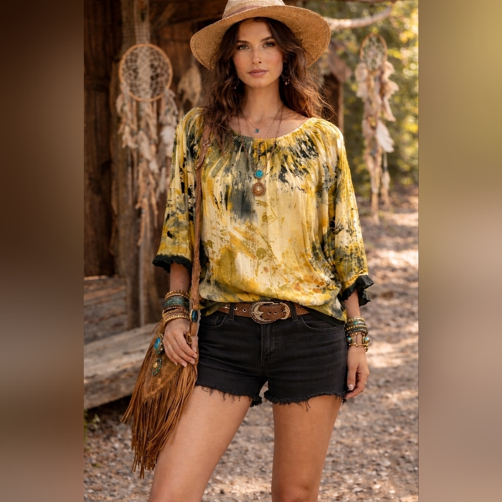 From the Heart Boho Abstract Tie Dye Blouse Yellow Green Batwing Sz L #109